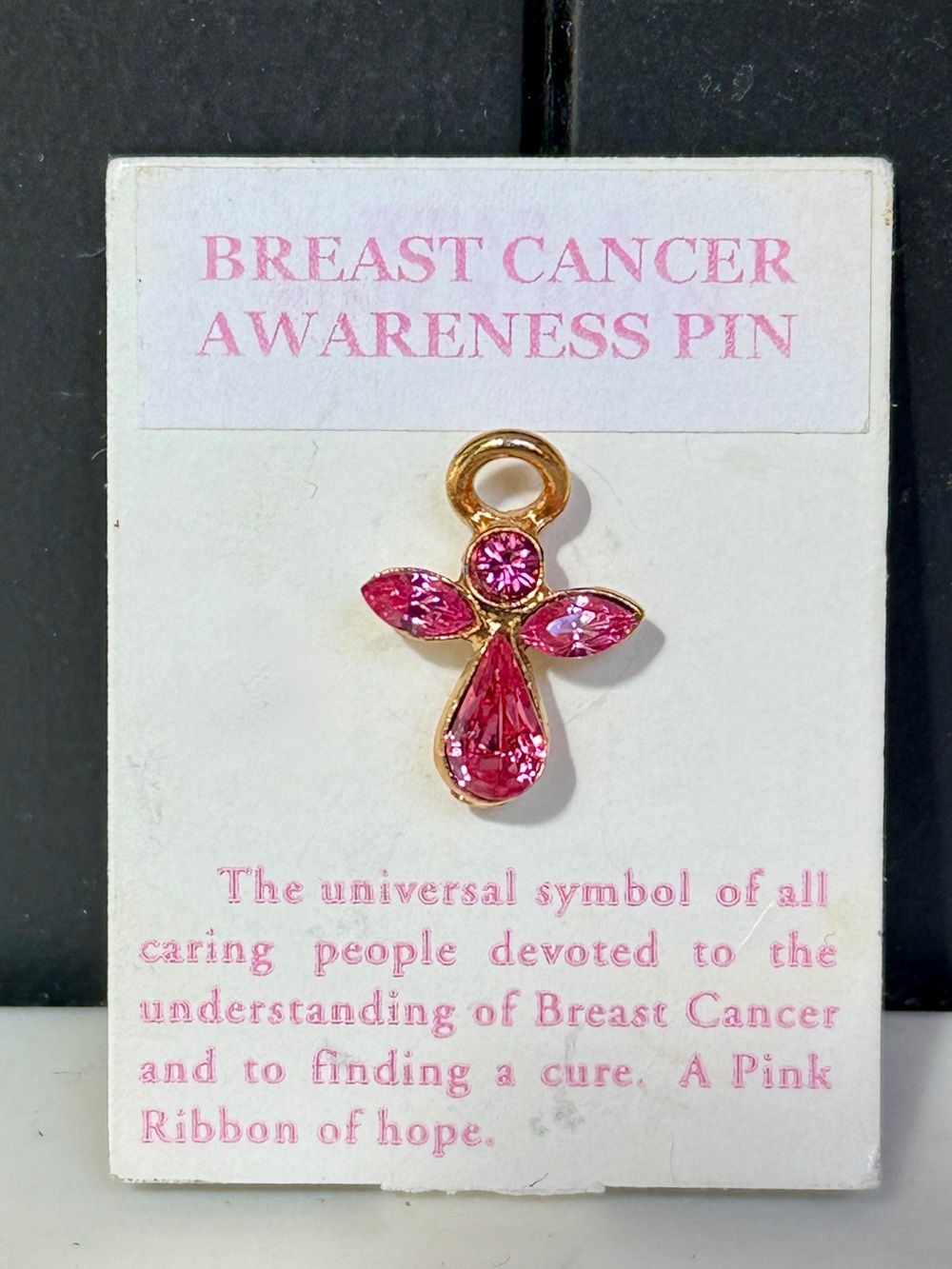 Breast Cancer Awareness Pin, Pink Crystal Angel Brooch in Gold Tone